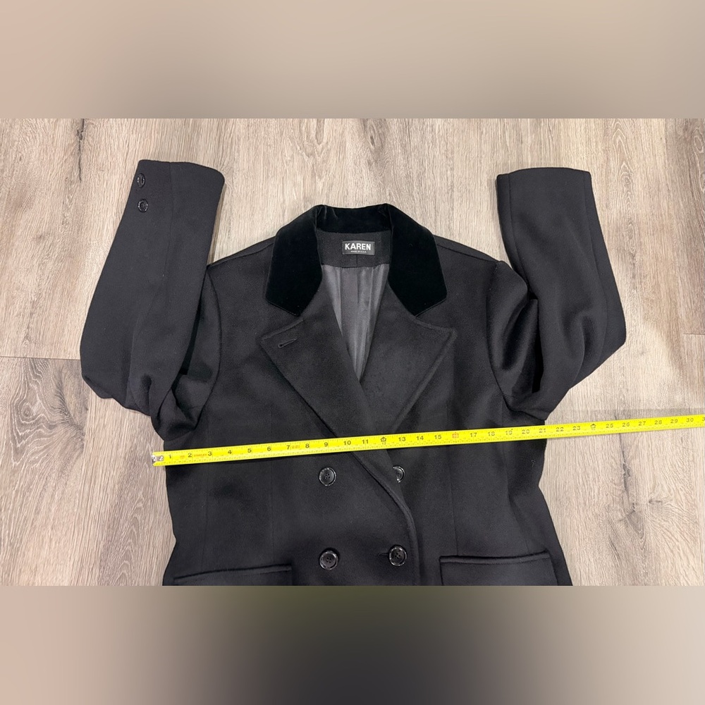 Women's Black Double-Breasted Pea Coat with Velvet Collar - Picture 5 of 9